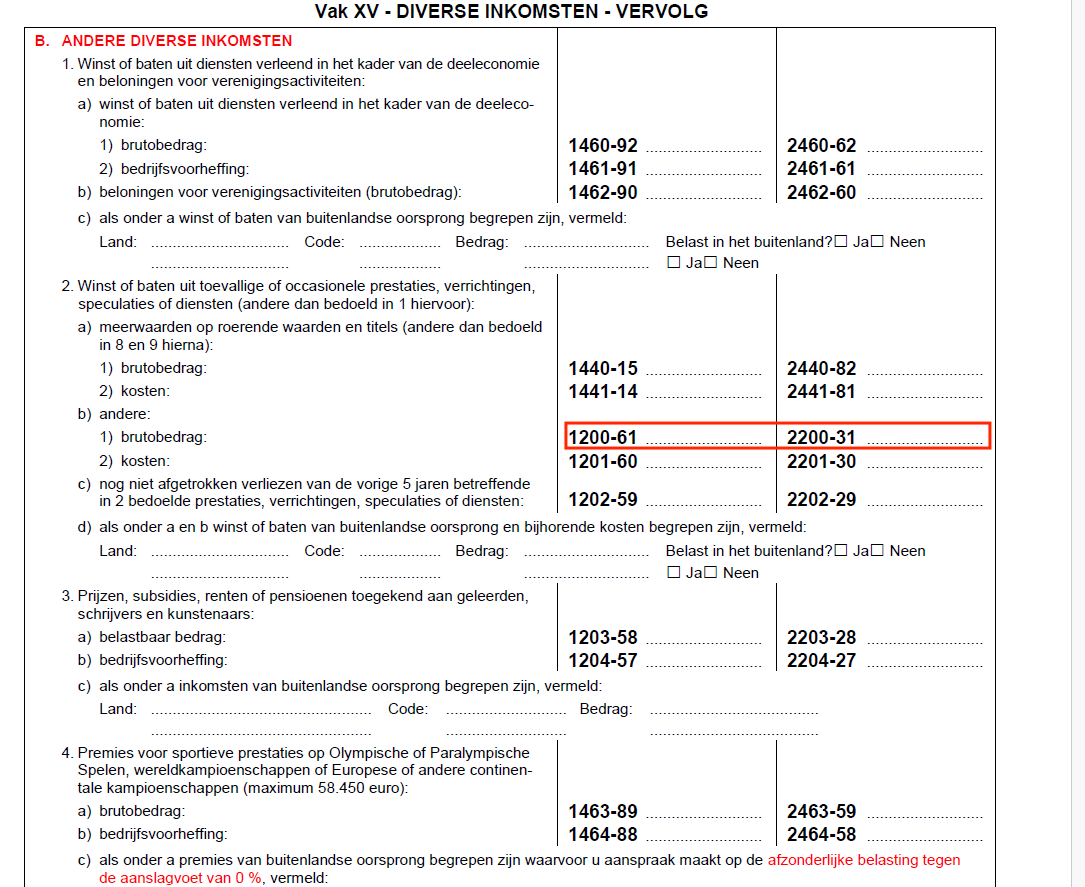 Belgian tax return — Vak XV, Andere diverse inkomsten section with codes 1200-61 and 2200-31 highlighted