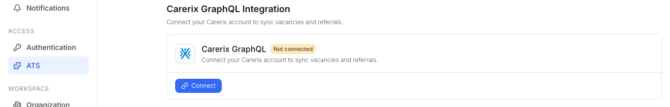 The Carerix GraphQL card under Settings → ATS in Wintro
