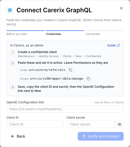 The credentials step, with the Code and Scope to copy and the fields to fill in