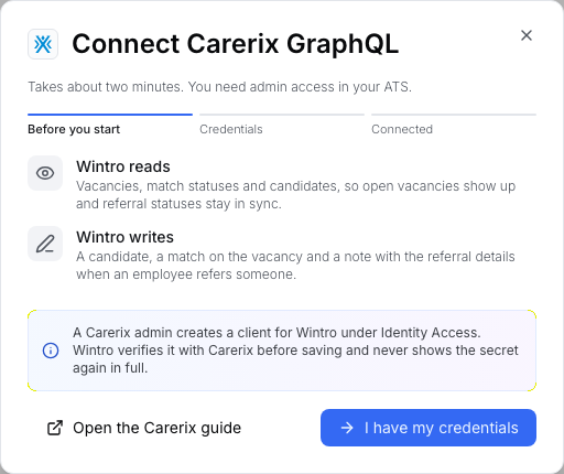 The first step of the Carerix GraphQL connection in Wintro