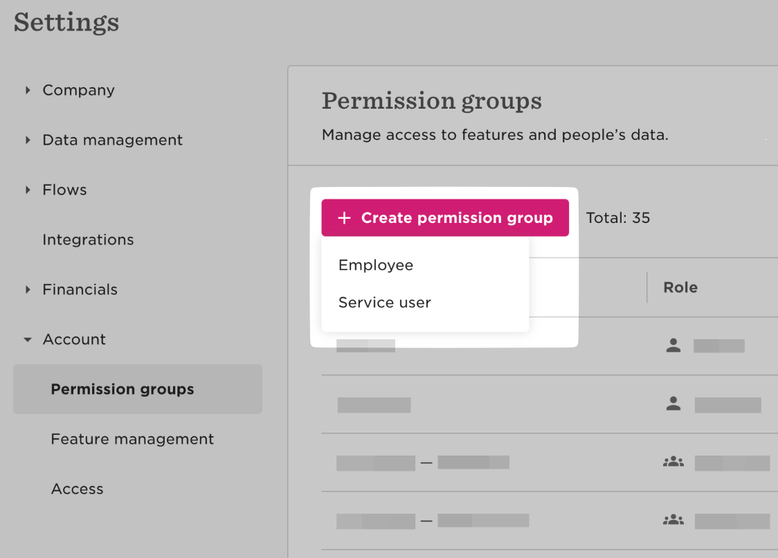 Creating a permission group for a service user