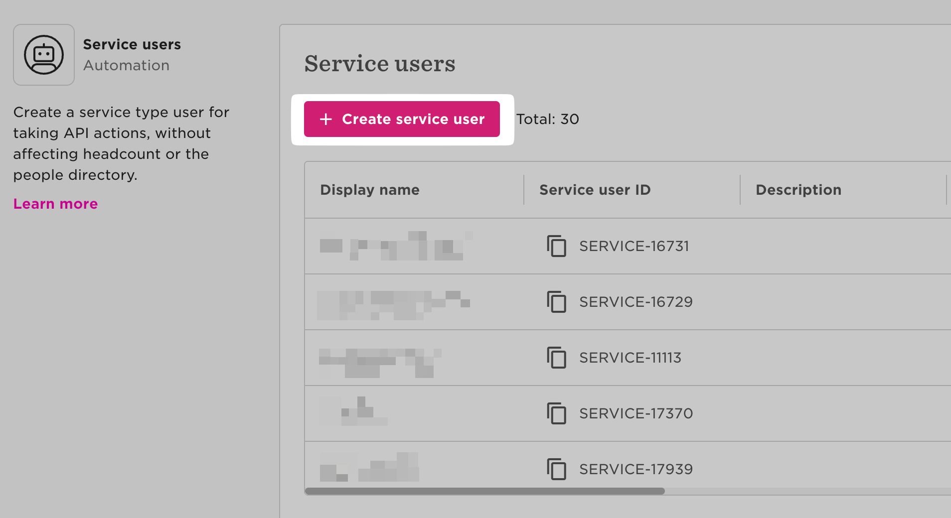 The Create Service User button