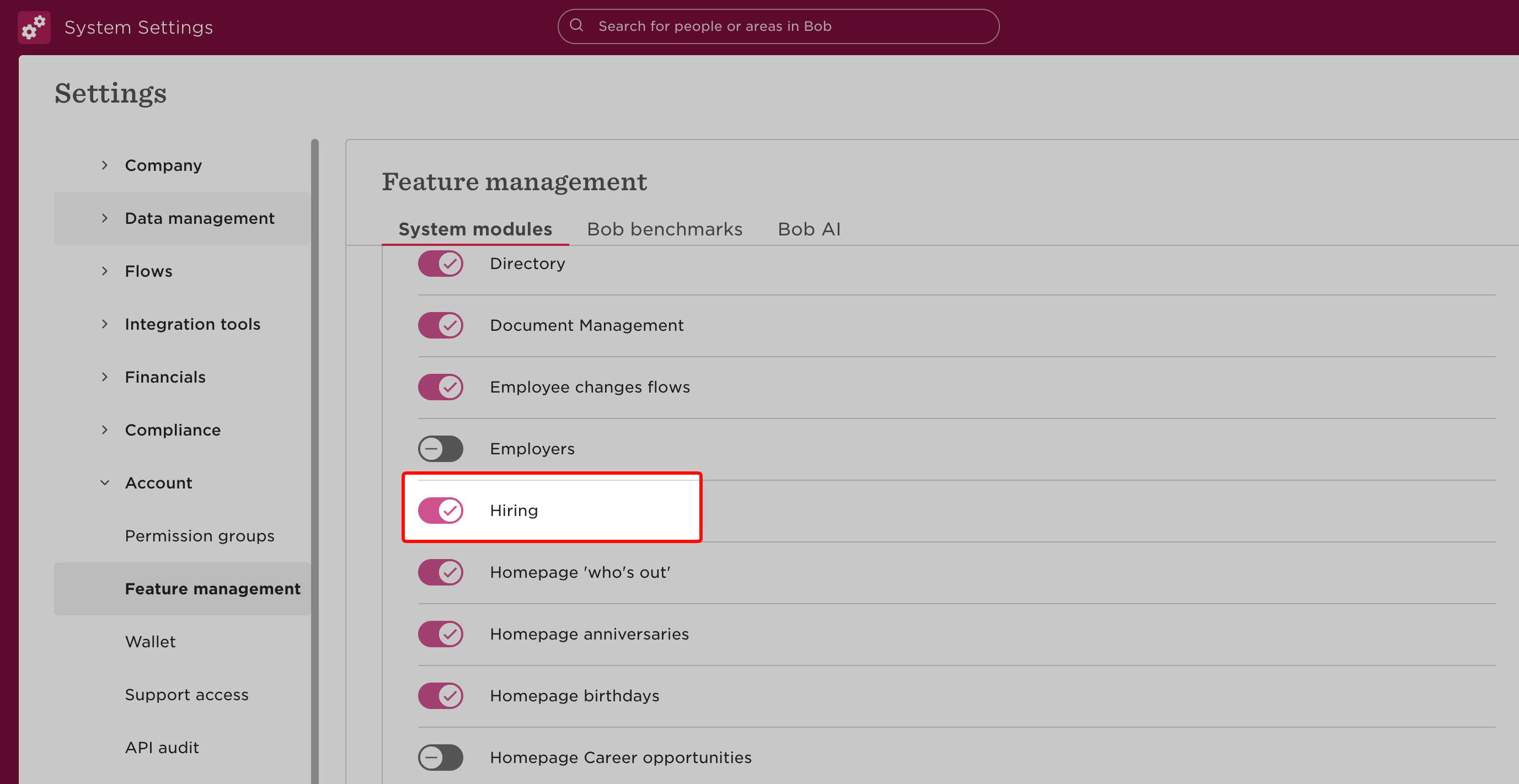 The Hiring toggle in HiBob’s system modules