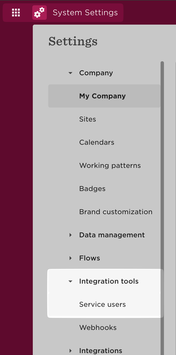 Service users under Integration Tools in System Settings