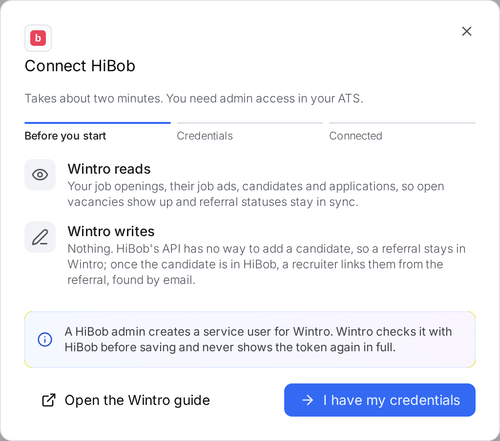 The first step of Wintro’s HiBob connection dialog