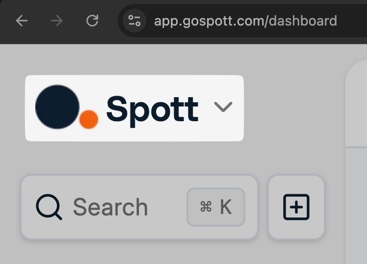 Spott logo menu in the top left corner
