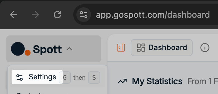 Settings in the Spott menu