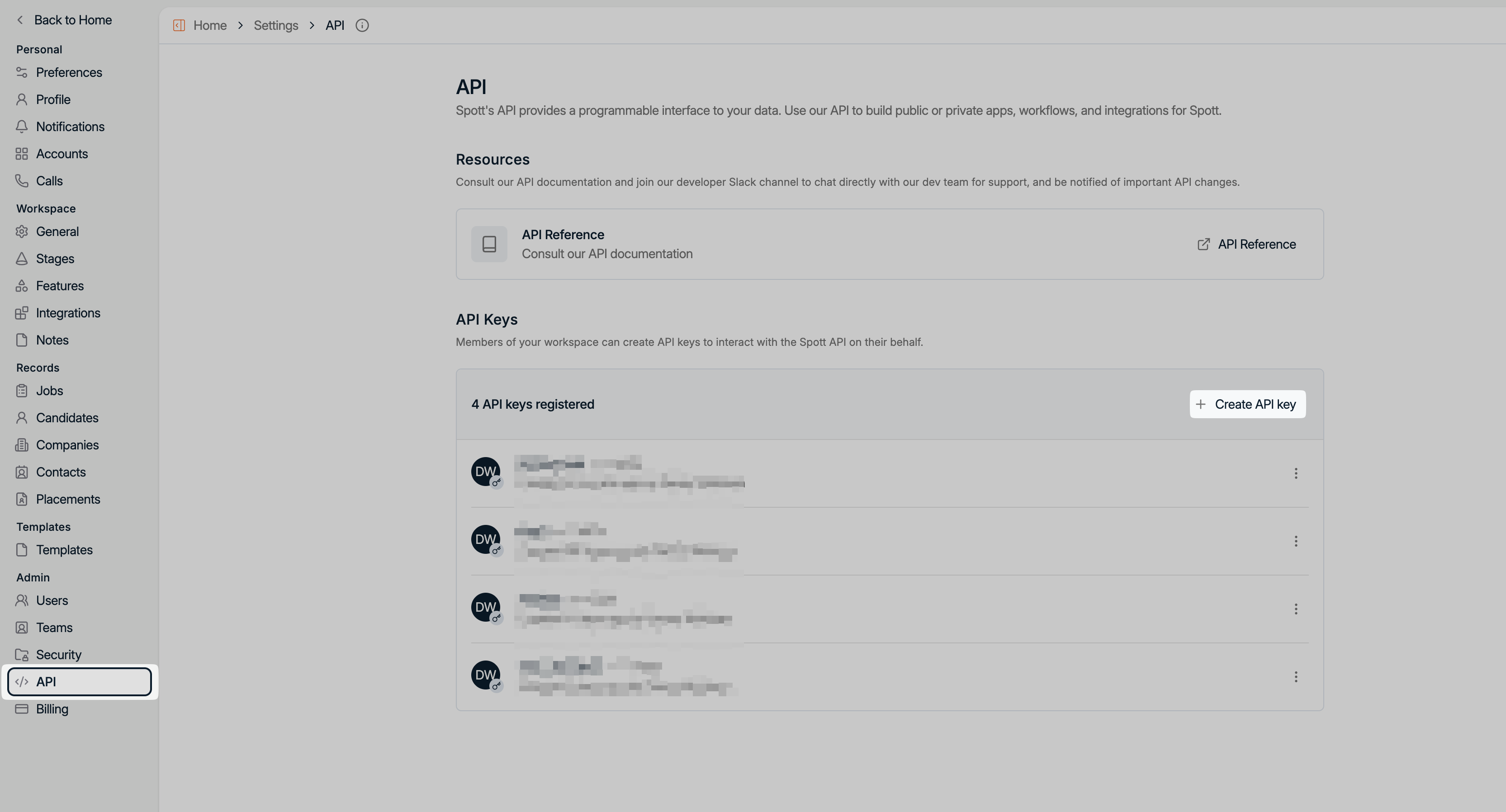 API settings page with the Create API Key button