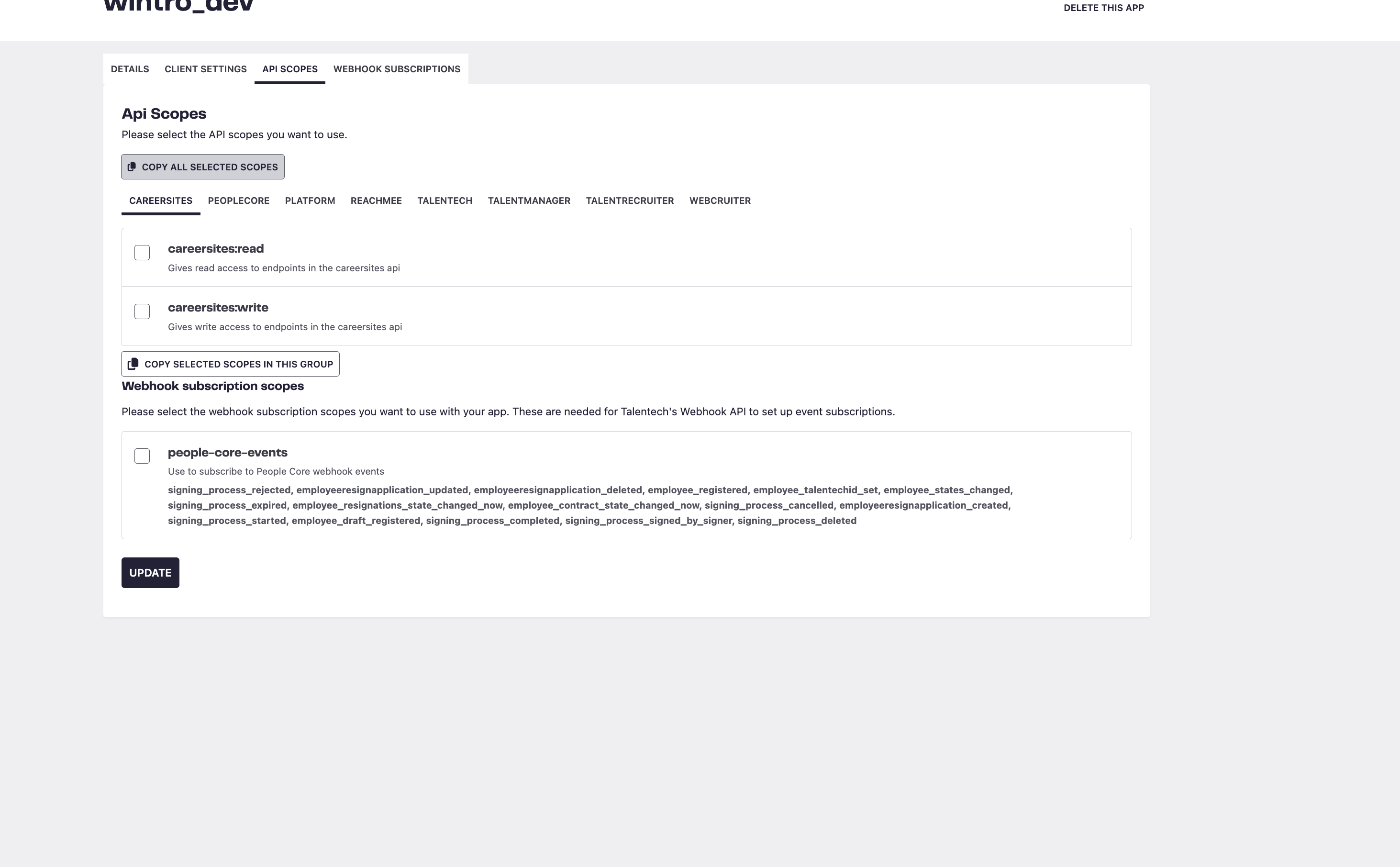The API SCOPES tab, with the product tabs where TALENTRECRUITER holds Wintro’s scopes
