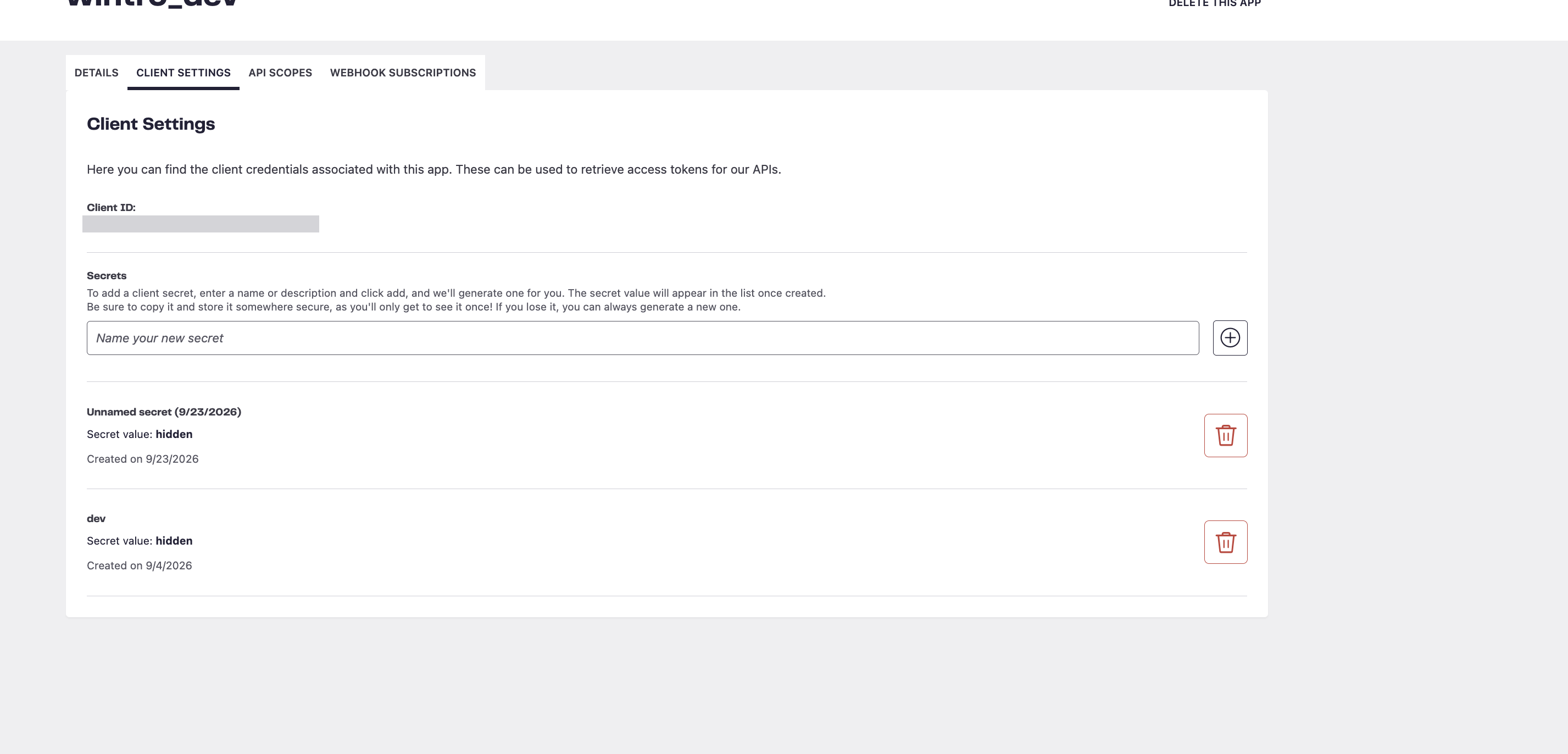 The CLIENT SETTINGS tab, with the Client ID and the field to create a secret