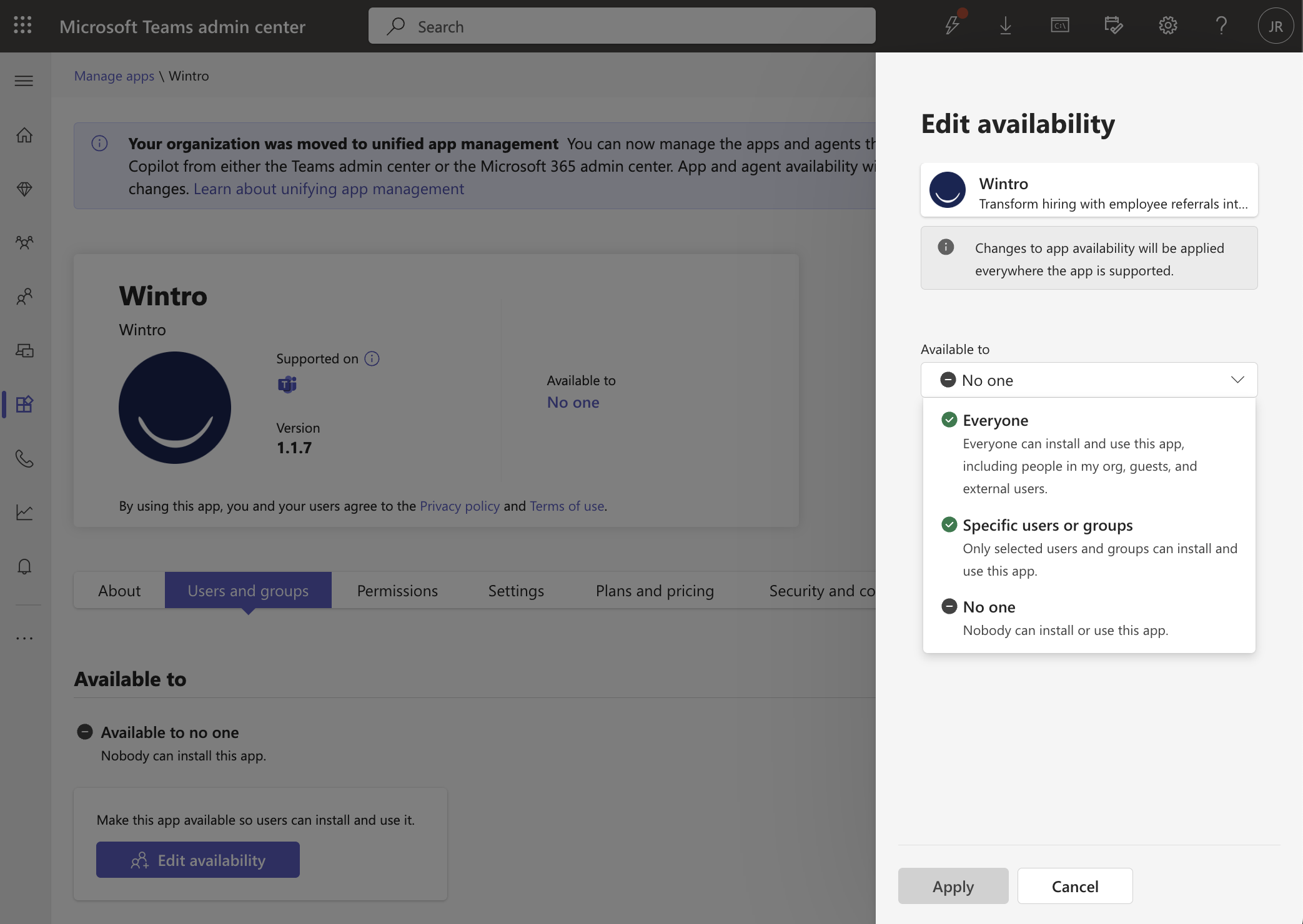 Edit Wintro App Availability
