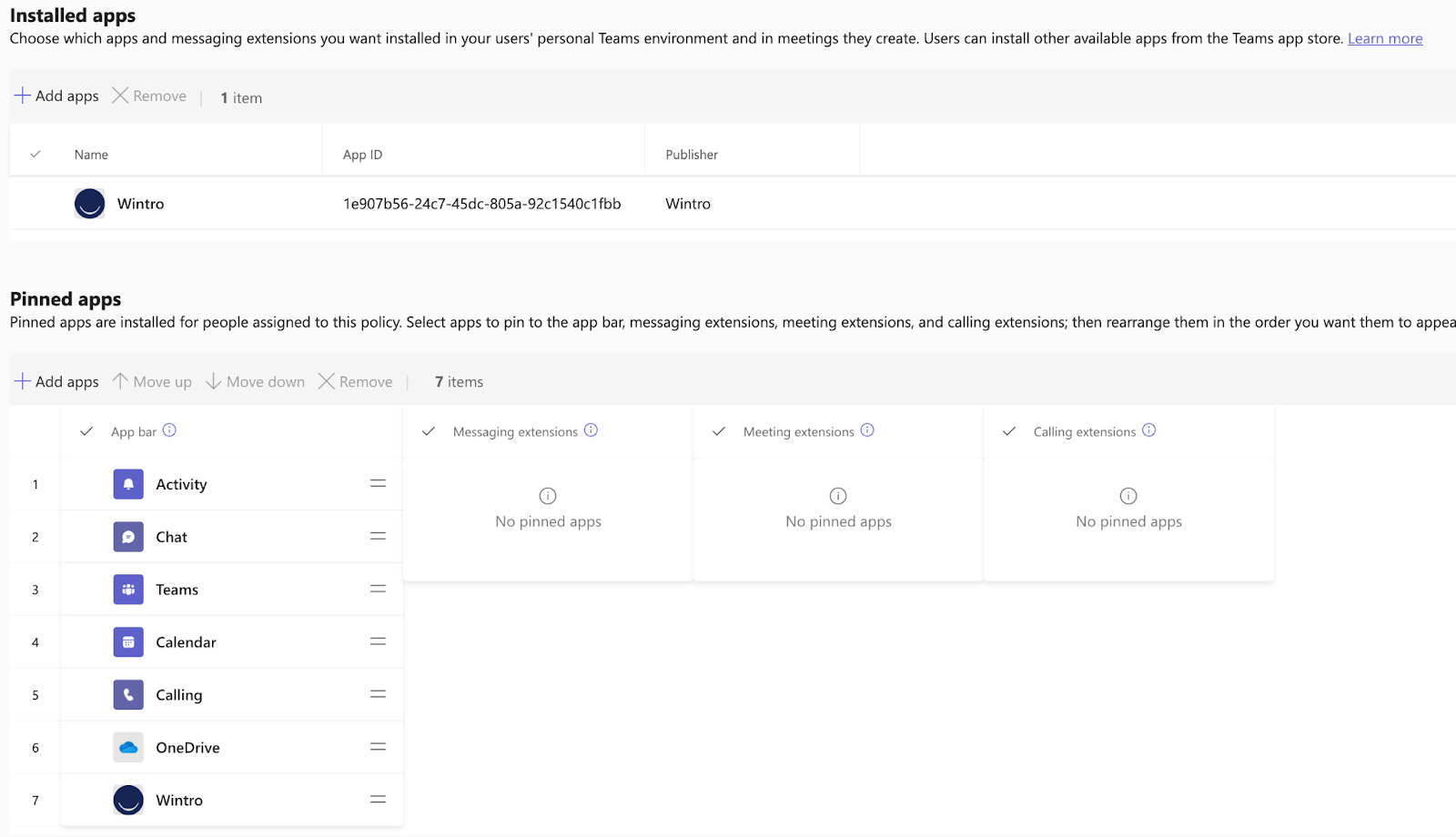 Wintro App Details in Admin Center